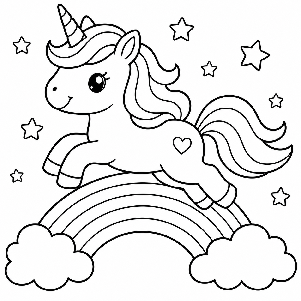 Rainbow unicorn coloring page — free printable rainbow coloring page with cute unicorn for kids.